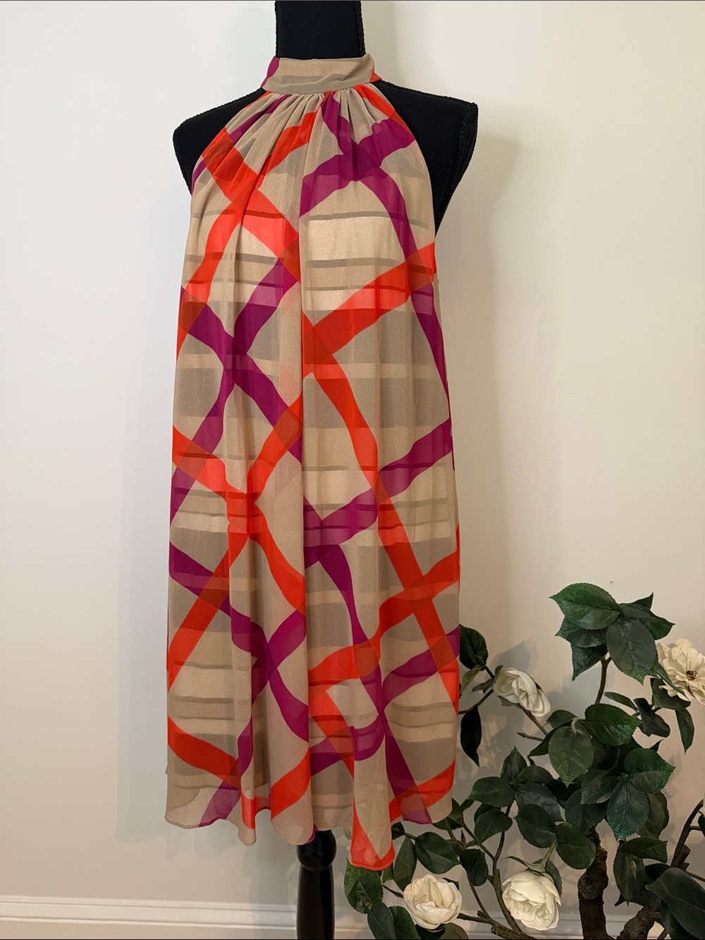 NWT Trina Turk Tan Red Sleeveless Collar Neck Flowing Dress M